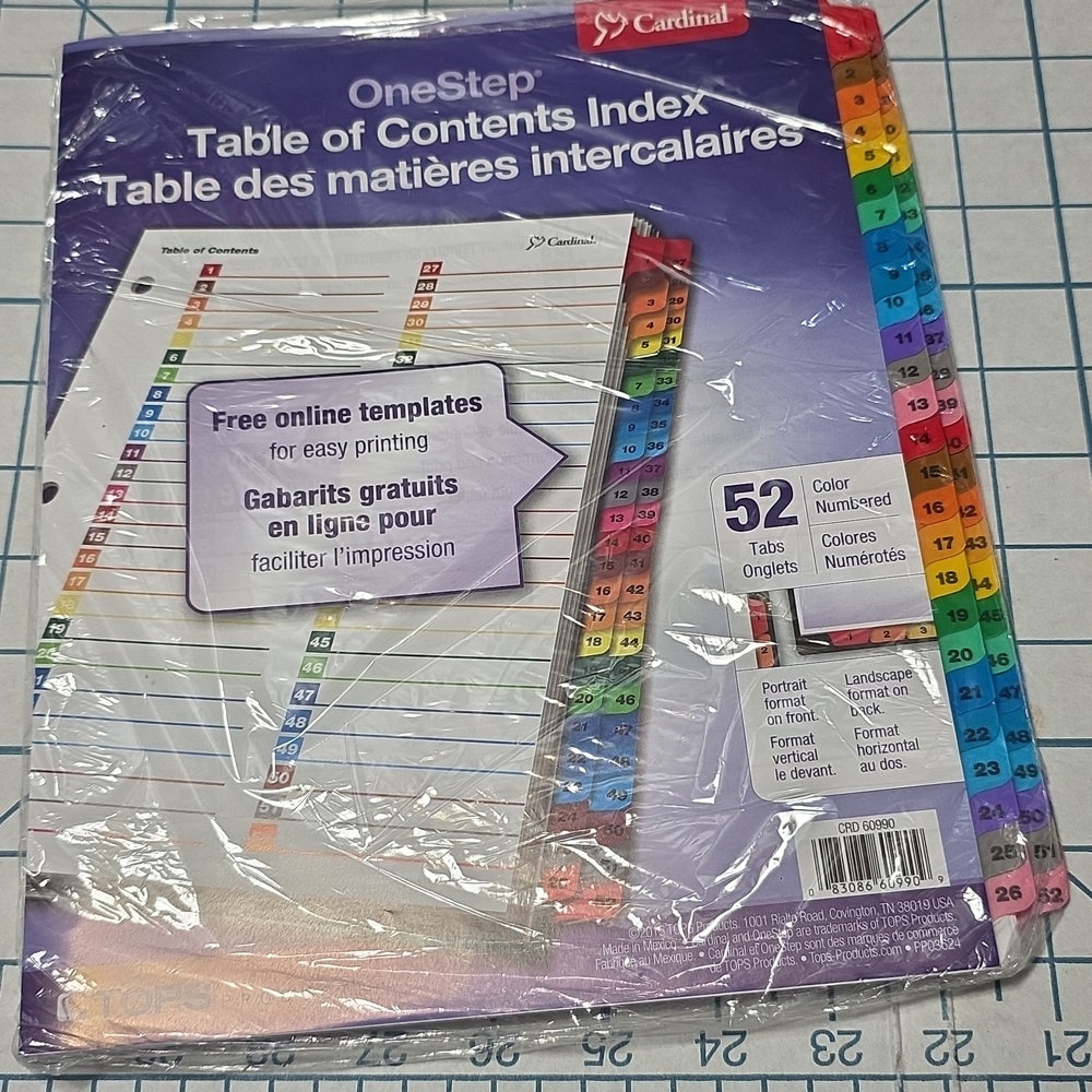 OneStep 52-Tab Color Numbered Table of Contents Index - Multicolor, 1 Pkg, 1of2